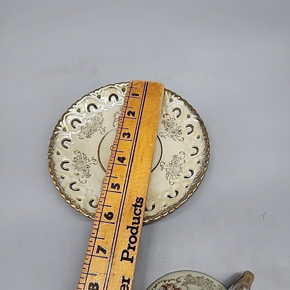 Vintage Enesco Tea Cup & Saucer Set Iridescent Gold Edge Victorian Women - Picture 7 of 8